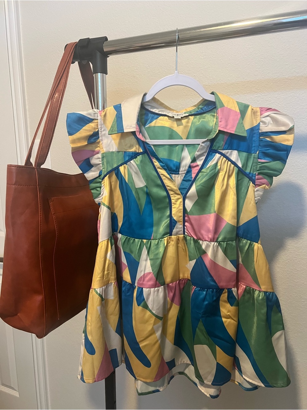 Umgee Multicolor Geometric Ruffle Sleeve Top - Blue, Yellow, Green, Pink, White
